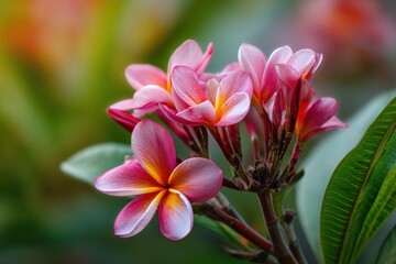 Fototapeta premium Pink plumeria blossoms against a green nature wall create a beautiful spa ambiance