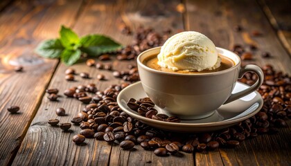 Tantalizing Close-Up of Steaming Coffee Topped with Melting Ice Cream, Surrounded by Roasted Coffee Beans on a Rustic Wooden Surface with Warm Lighting and Decadent Texture