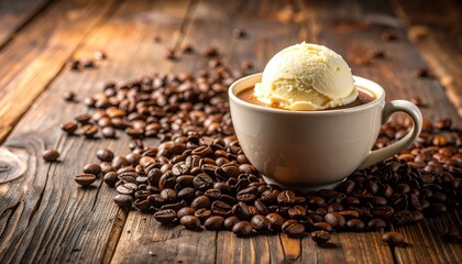 Tantalizing Close-Up of Steaming Coffee Topped with Melting Ice Cream, Surrounded by Roasted Coffee Beans on a Rustic Wooden Surface with Warm Lighting and Decadent Texture