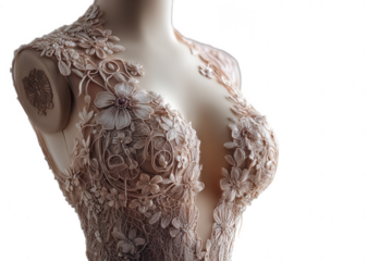 Lace wedding dress with floral details isolated on transparent background