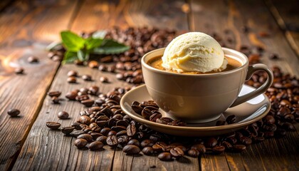 Tantalizing Close-Up of Steaming Coffee Topped with Melting Ice Cream, Surrounded by Roasted Coffee Beans on a Rustic Wooden Surface with Warm Lighting and Decadent Texture