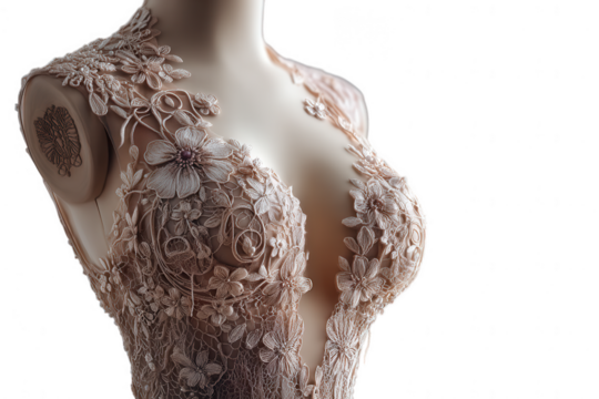 Lace wedding dress with floral details isolated on transparent background