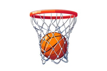 Orange basketball going through a net with a red rim on a white background illustration