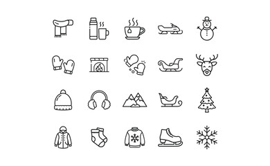 Winter Holiday Icons: Scarf Thermos Tea Snowmobile Snowman Mittens Fireplace Sleigh Reindeer Hat Earmuffs Mountains Tree Coat Socks Sweater Skate Snowflake.
