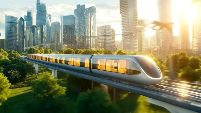 Futuristic high speed train gliding elevated track through green city park, surrounded by modern skyscrapers, sunlight reflecting glass, urban transportation innovation, sleek eco friendly elevated