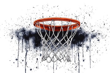 Orange basketball hoop with white net against a black and white watercolor splatter background