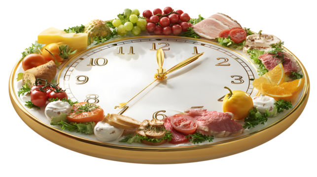 Elegant Gourmet Food Clock with Cheese, Fruits, and  Cold Cuts isolated on a white background
