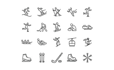Collection of Winter Sports Icons Depicting Various Activities in Outline Style.