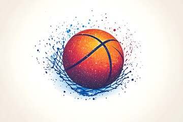 Orange basketball with blue net and paint splatter graphic on white background sport concept