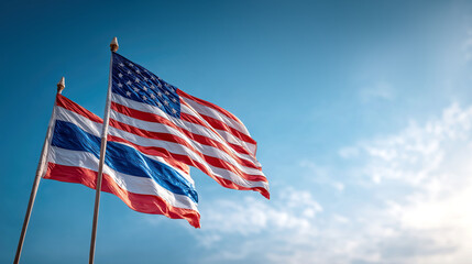 American and Thai flags flapping together against clear blue sky, symbolizing unity and friendship