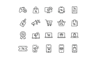 Black Line Art Icons Representing Shopping Sales and Discounts.