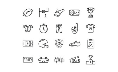Collection of American Football Icons in Simple Black Outline Style.