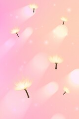 Vertical pastel pink background with dandelion pattern with bokeh sunlight reflection.