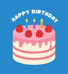 Pink birthday cake with candles and strawberries, white frosting, colorful text saying Happy Birthday—festive celebration concept on pastel background.