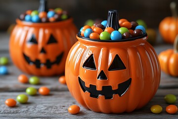 Orange pumpkin candy jars filled with colorful candies on a rustic wooden surface for Halloween