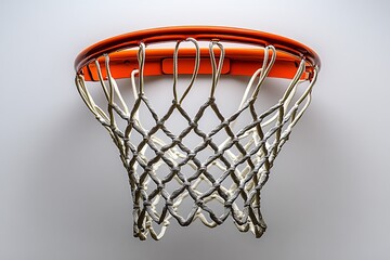 Overhead view of an orange basketball hoop with white net against a neutral gray background