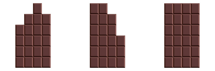 Dark chocolate bar set. Unwrapped square pieces of different chocolate. Cocoa organic product vector illustration