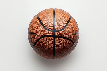 Overhead view of a brown basketball with black lines on a white background studio shot