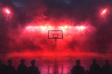Red-lit basketball court with hoop, spotlights, smoke, and silhouetted spectators watching a game