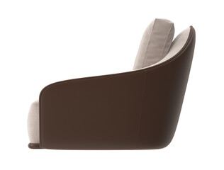 Side view of a modern two-tone armchair with beige fabric and brown leather exterior, isolated on a grey background.