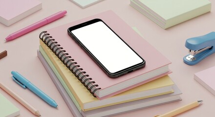 Mobile Phone Mockup on Stack of Notebooks with Pastel Stationery