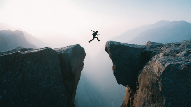 A man is jumping over a large rock