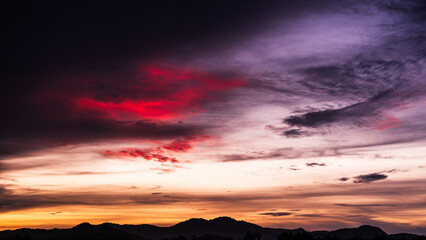 Evening sky, Amazing colorful sky and Ddamatic sunset,Majestic sunlight cloud fluffy, Idyllic nature peaceful background, Summer dark clouds dusk, Purple nightfall silhouette mountain on twilight