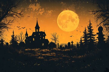 Spooky Halloween Scene Silhouette of Haunted House Moon Bats Cemetery Trees Orange Sky