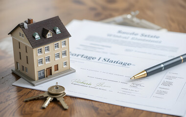 A real estate transaction concept featuring a miniature apartment building, house keys, and signed documents on a wooden desk. Business, mortgage, property investment, and financial planning theme.