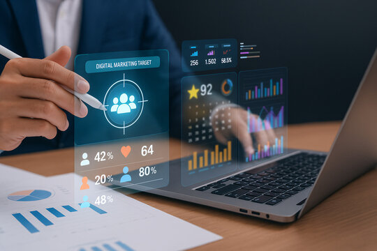 Businessman using AI for digital marketing target audience analysis. Concept of business intelligence, CRM, and data analytics with futuristic technology hologram dashboard.