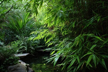 Fototapeta premium The picture features abundant greenery and layered bamboo alongside other plants that provide texture and depth with a potential water source nearby Soft light suggests a cloud