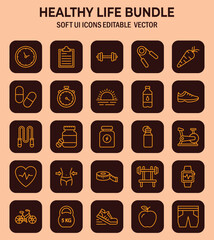 Comprehensive collection of soft user interface icons representing wellness and fitness habits in everyday living and