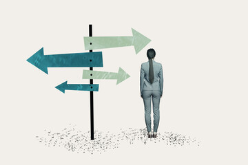 Full 3d zine pop trend collage of happy businessman businesswoman stand arrow point direction success aim achievement progress