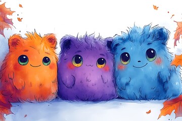 Three Cute Cartoon Characters in Orange Purple and Blue with Big Eyes and Autumn Leaves
