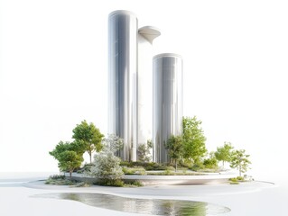 Fototapeta premium Technical diagram of vertical solar desalination columns in an arid coastal region, showing thermal air flows, freshwater condensation zones and the integration of local installations