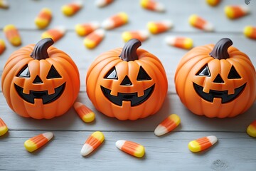 Three orange jack o lantern pumpkins with black faces and candy corn on a gray wooden surface