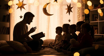 Silhouetted man reading to kids with magical bokeh and dreamy decor
