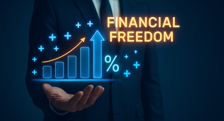 Financial freedom and investment growth concept. Businessman holding a hologram of a rising bar chart, symbolizing profit, wealth management, and success in savings or the stock market.