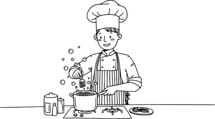 A chef boiling pasta in kitchen, doodle style illustration
