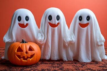 Three smiling ghosts with white sheets and carved pumpkin on orange background Halloween concept