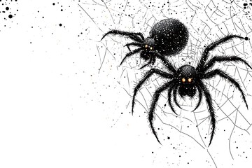 Two Black Spiders on a Web with Splatter Elements Against a White Background cobweb