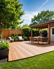 Obraz premium back garden patio area with wood decking and potted plants