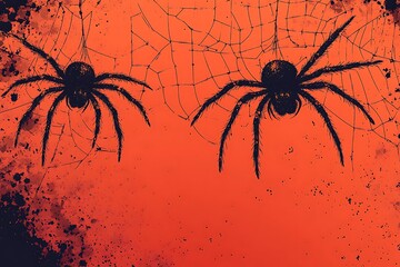 Two black spiders on cobwebs against an orange background with dark grunge splatter