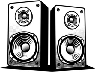 Black and white stereo speakers with a retro and bold illustration style
