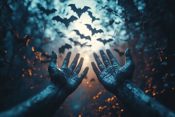 Two hands reaching upwards with bats flying in a dark sky Halloween concept image