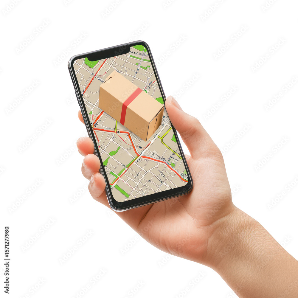 Wall mural a hand holding a smartphone showing a delivery tracking app with a package on the map. full length i