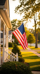 Fototapeta premium American flag hanging on porch in green suburban neighborhood 