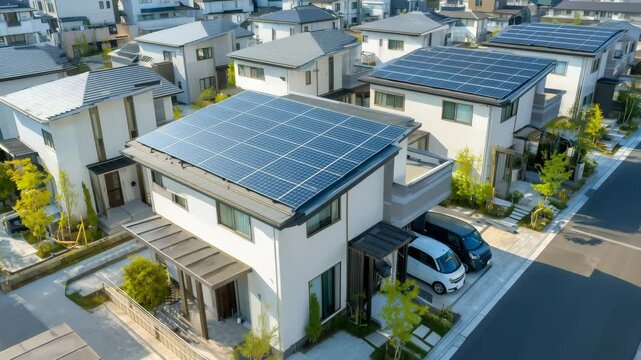 都市型住宅に整列する屋根の太陽光パネル