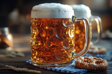 Two large beer mugs with white foam golden liquid and pretzel on blue checkered cloth