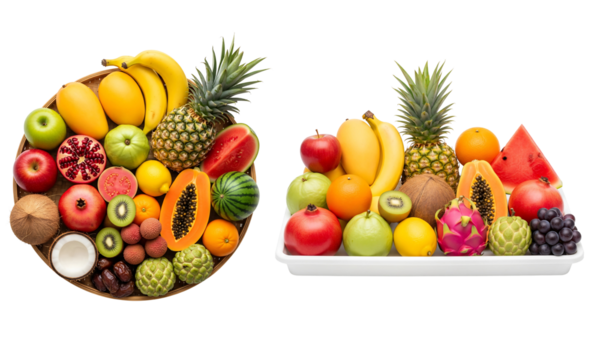 Assortment of fresh tropical fruits in wicker basket and tray isolated on transparent background - Powered by Adobe